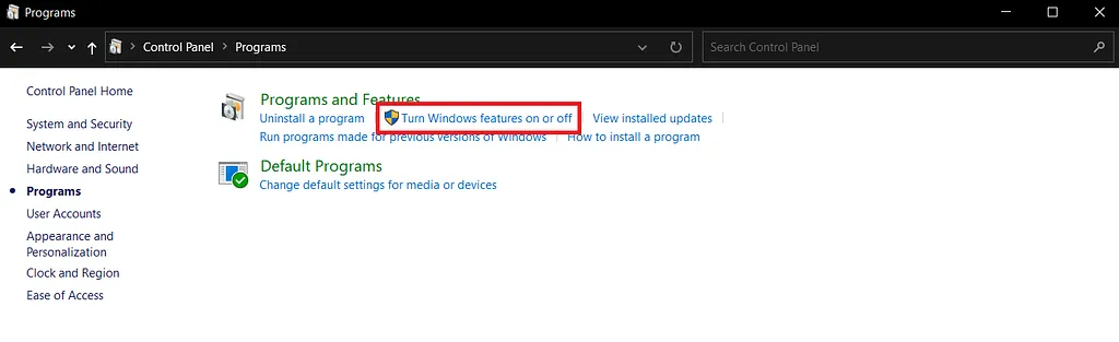 Windows Control Panel with “Turn Windows features on or off” highlighted