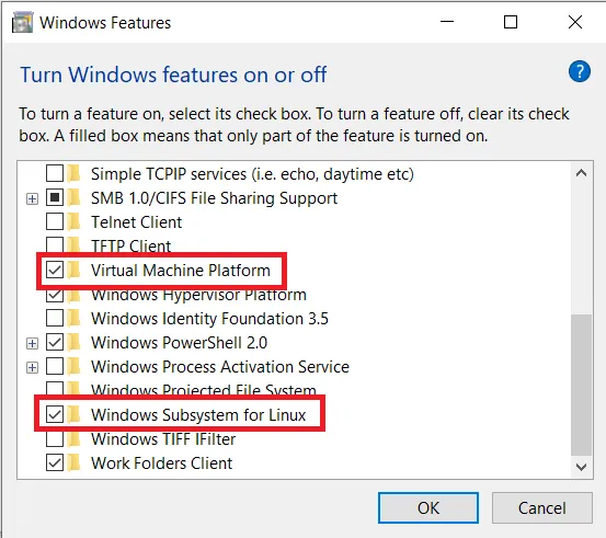 Windows Features dialog with Virtual Machine Platform and Windows Subsystem for Linux selected