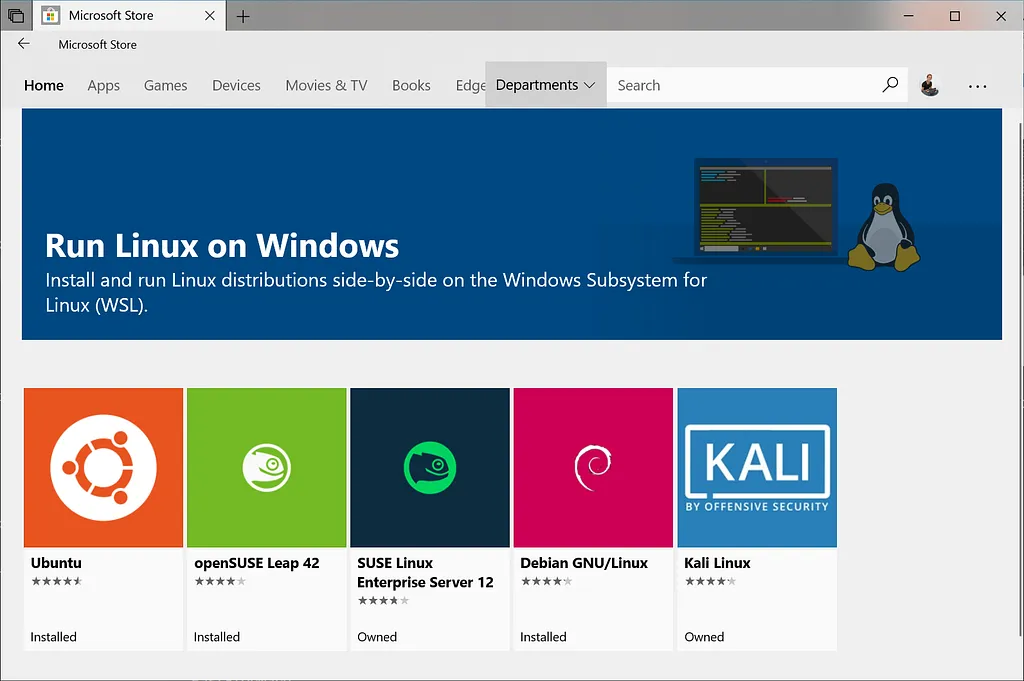 Microsoft Store page listing Linux distributions available for WSL